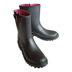 TOMMY HILFIGER Women's Rain Boots Black Pink Buckle Sz 9M